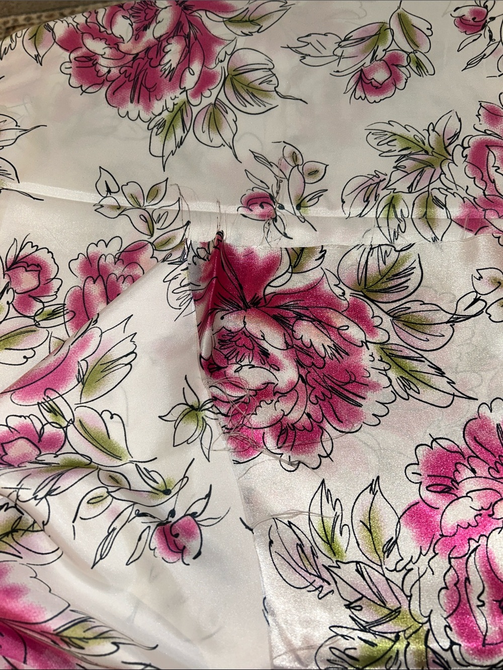 Floral Satin Dress Fabric in White with Pink & Green Print